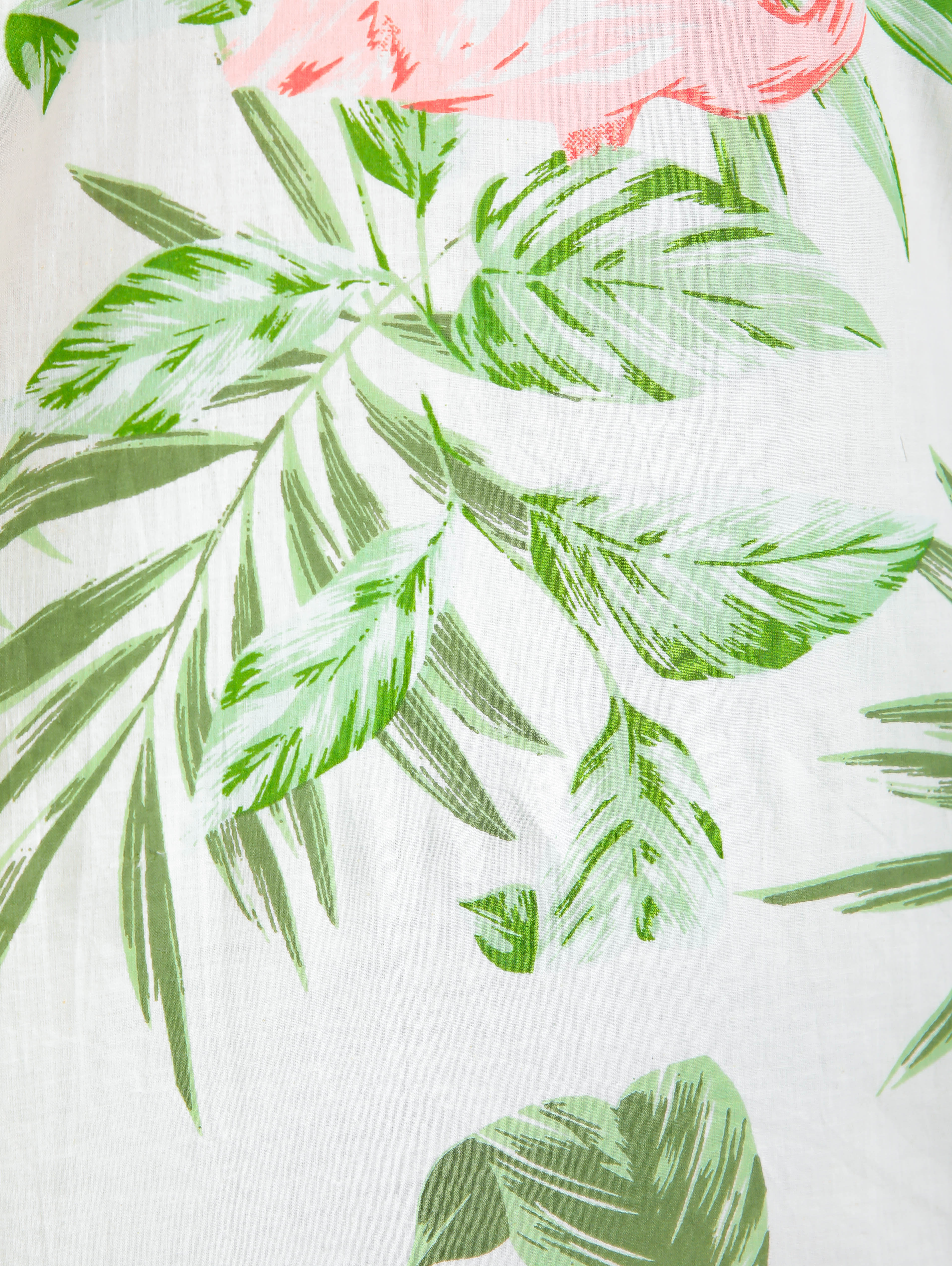Green Tropical Floral & Flamingo Motifs on White Cotton Lounge Set for Women