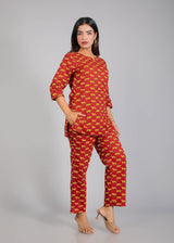 Leopard Print on Maroon Cotton Lounge Set for Women