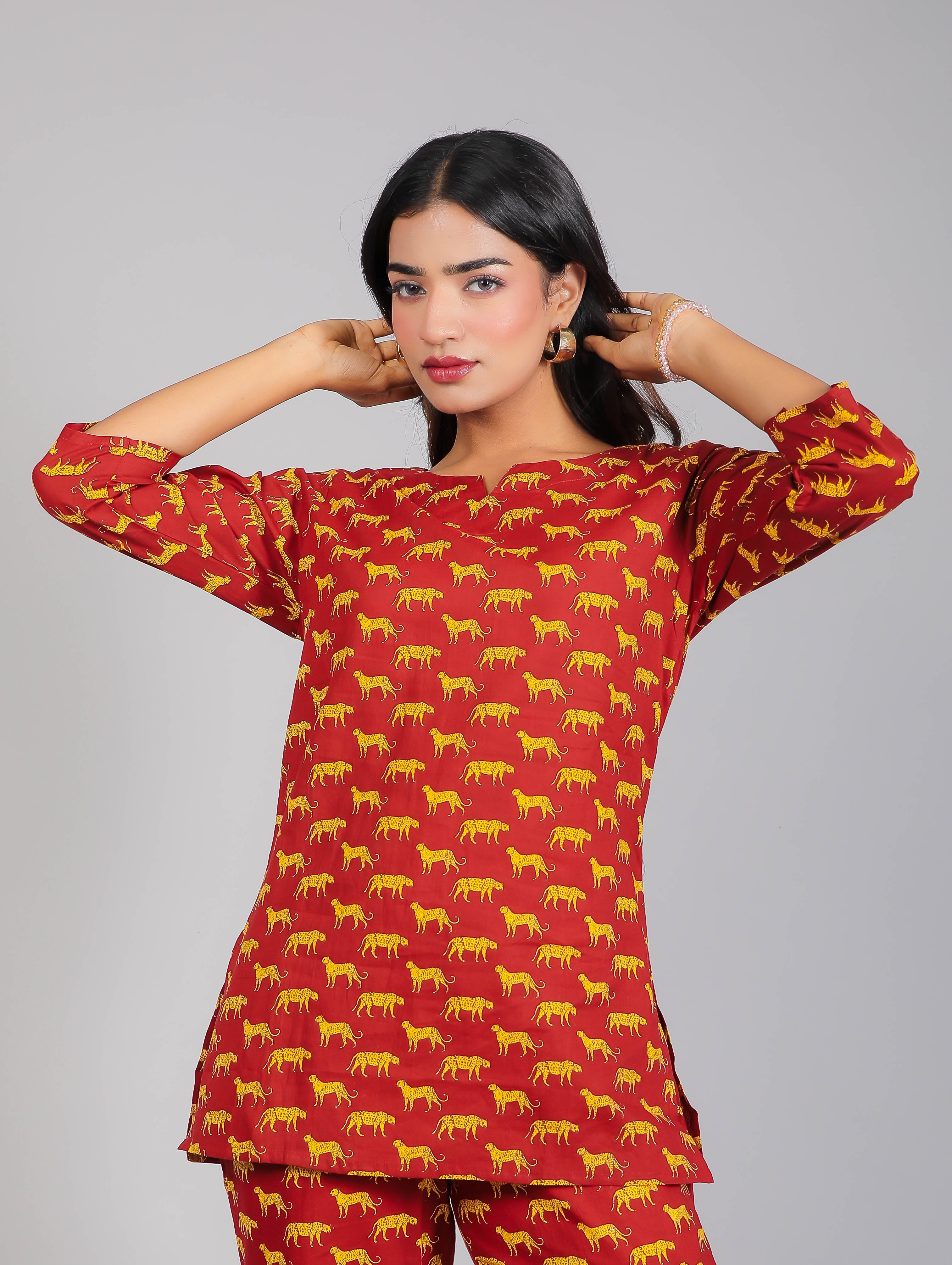 Leopard Print on Maroon Cotton Lounge Set for Women