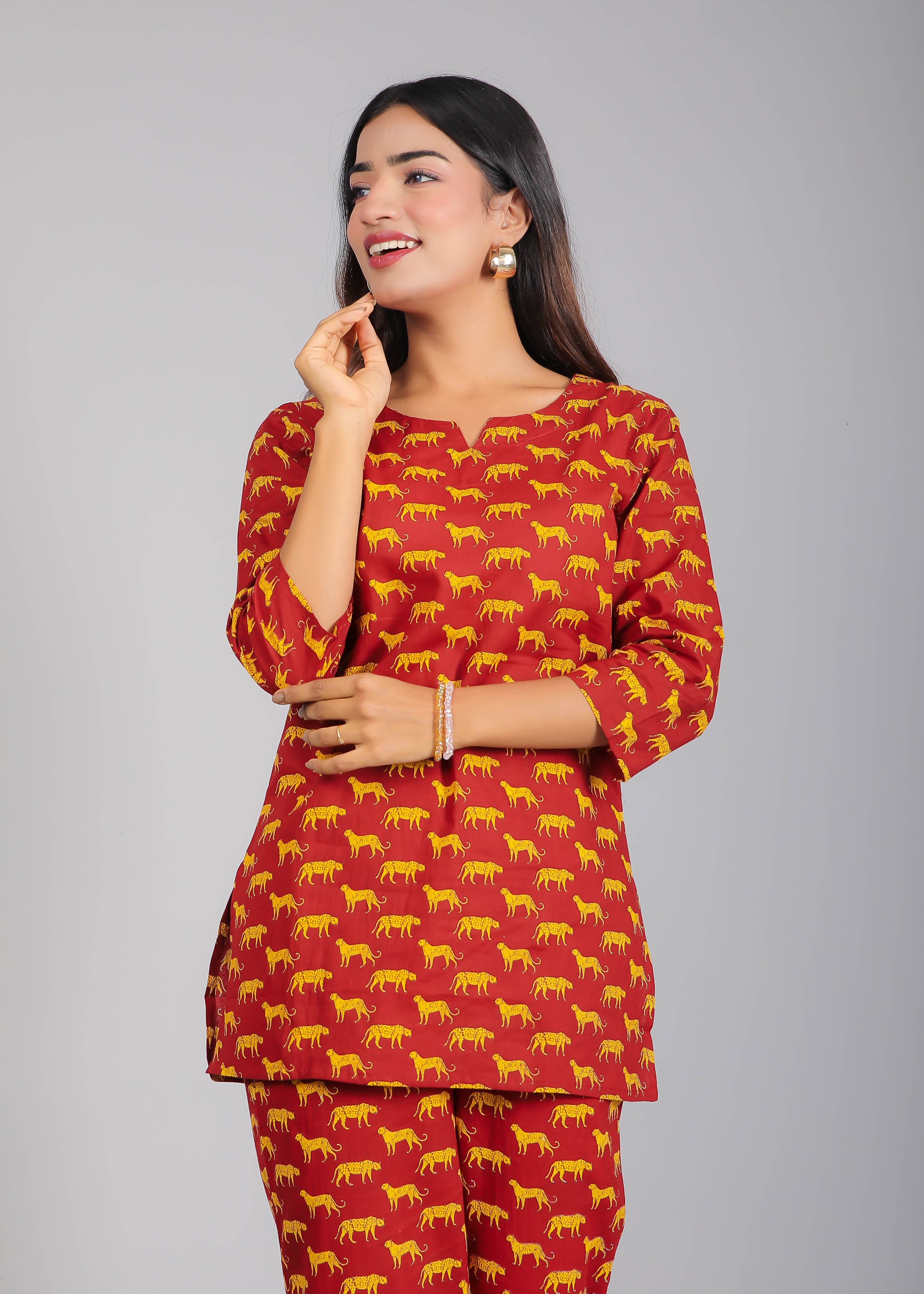 Leopard Print on Maroon Cotton Lounge Set for Women