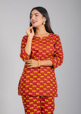 Leopard Print on Maroon Cotton Lounge Set for Women
