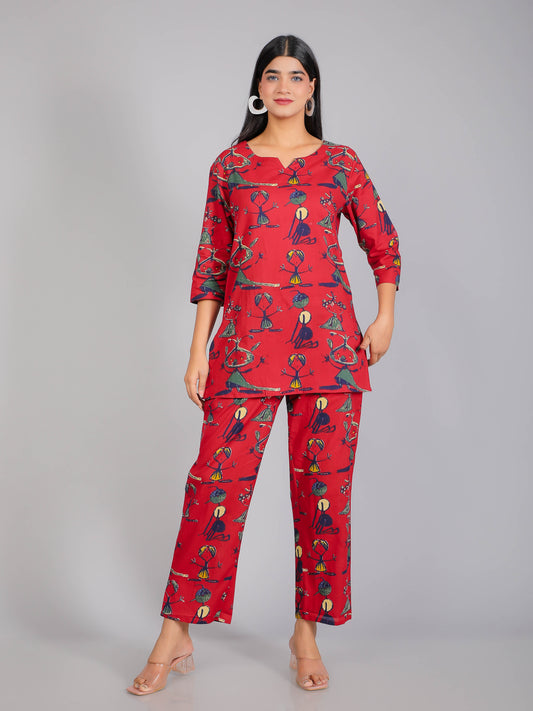 Abstract Figurines Motifs on Red Cotton Lounge Set for Women