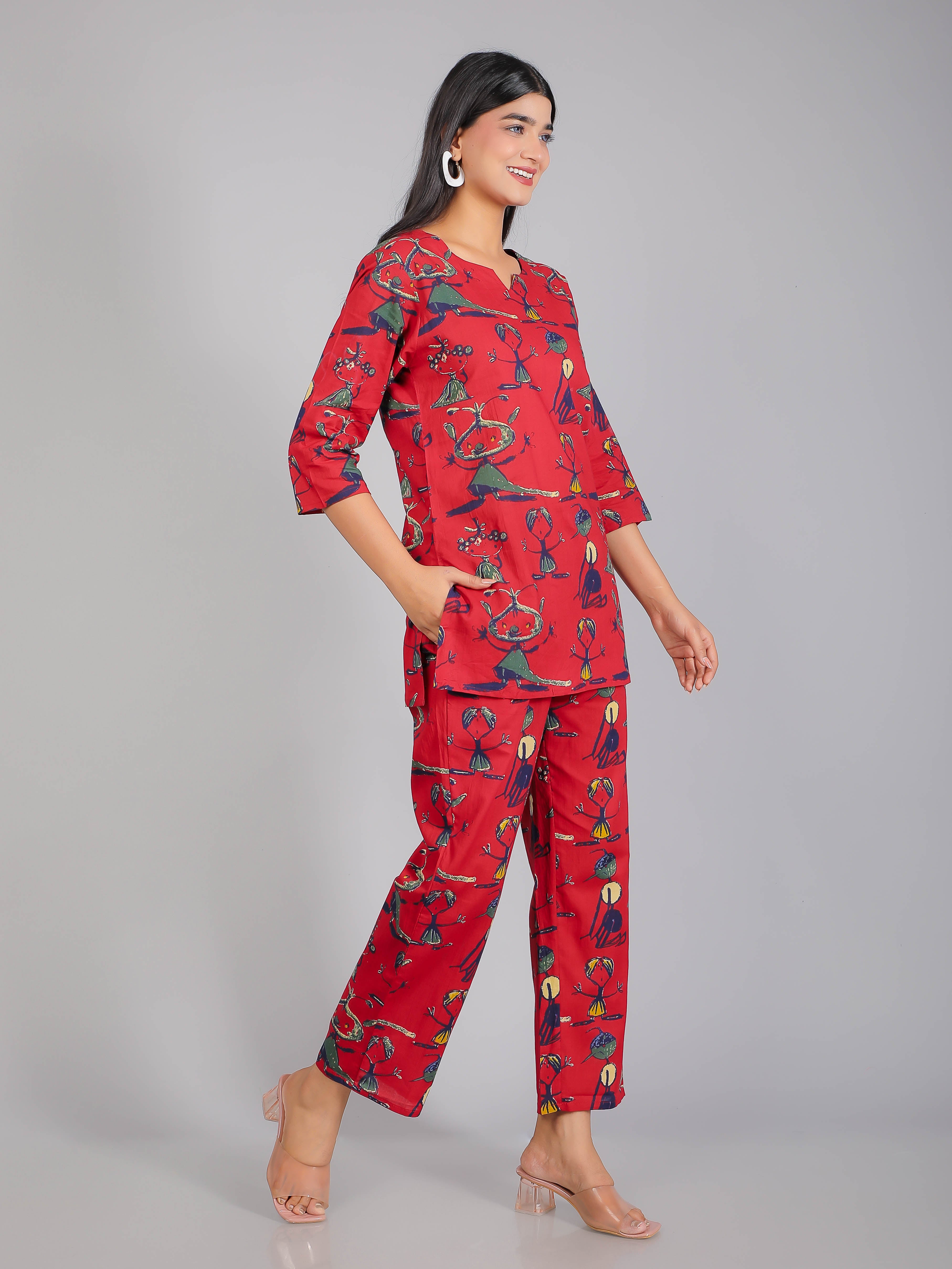 Abstract Figurines Motifs on Red Cotton Lounge Set for Women