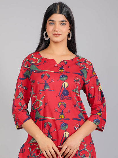 Abstract Figurines Motifs on Red Cotton Lounge Set for Women