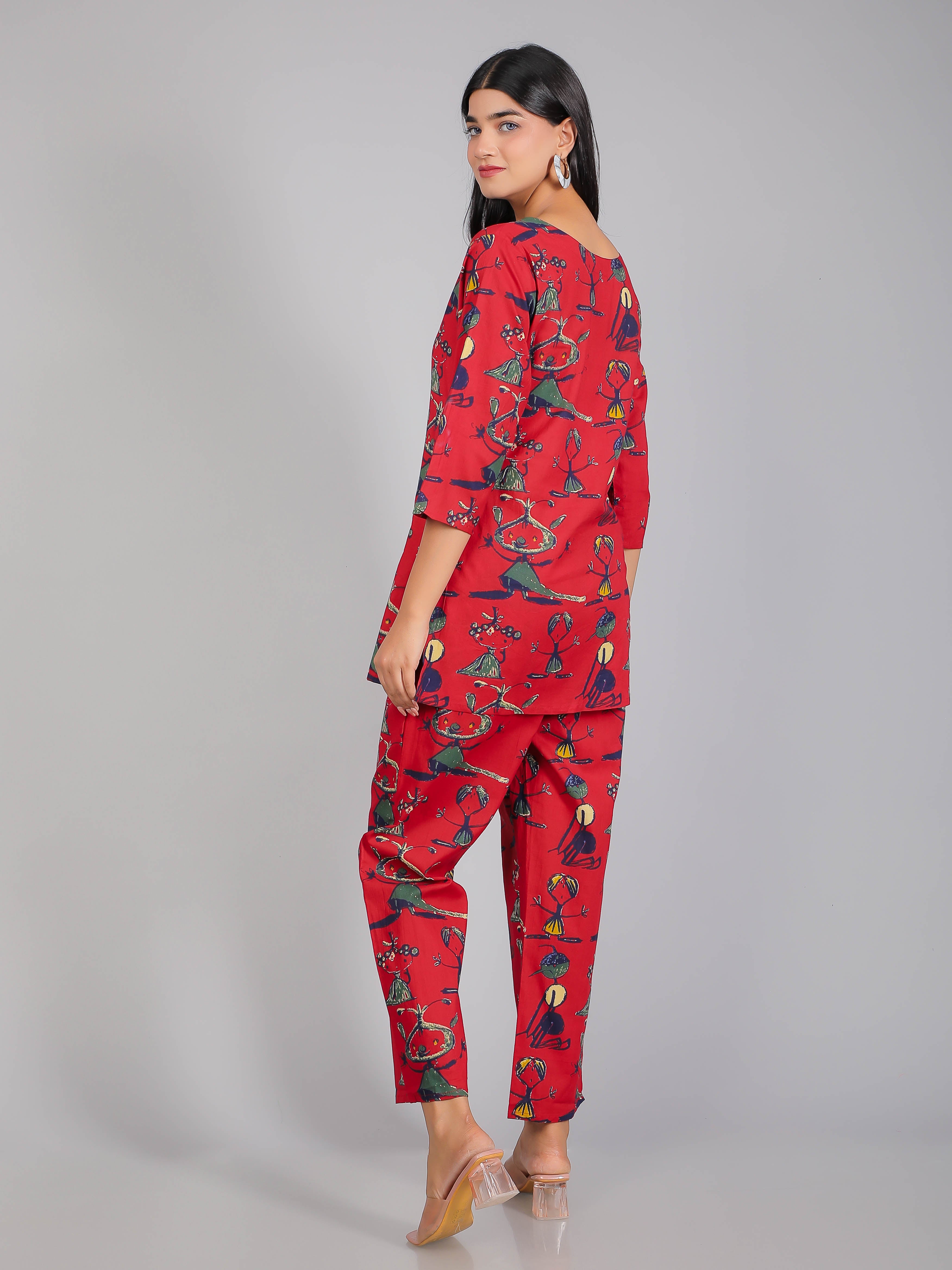 Abstract Figurines Motifs on Red Cotton Lounge Set for Women