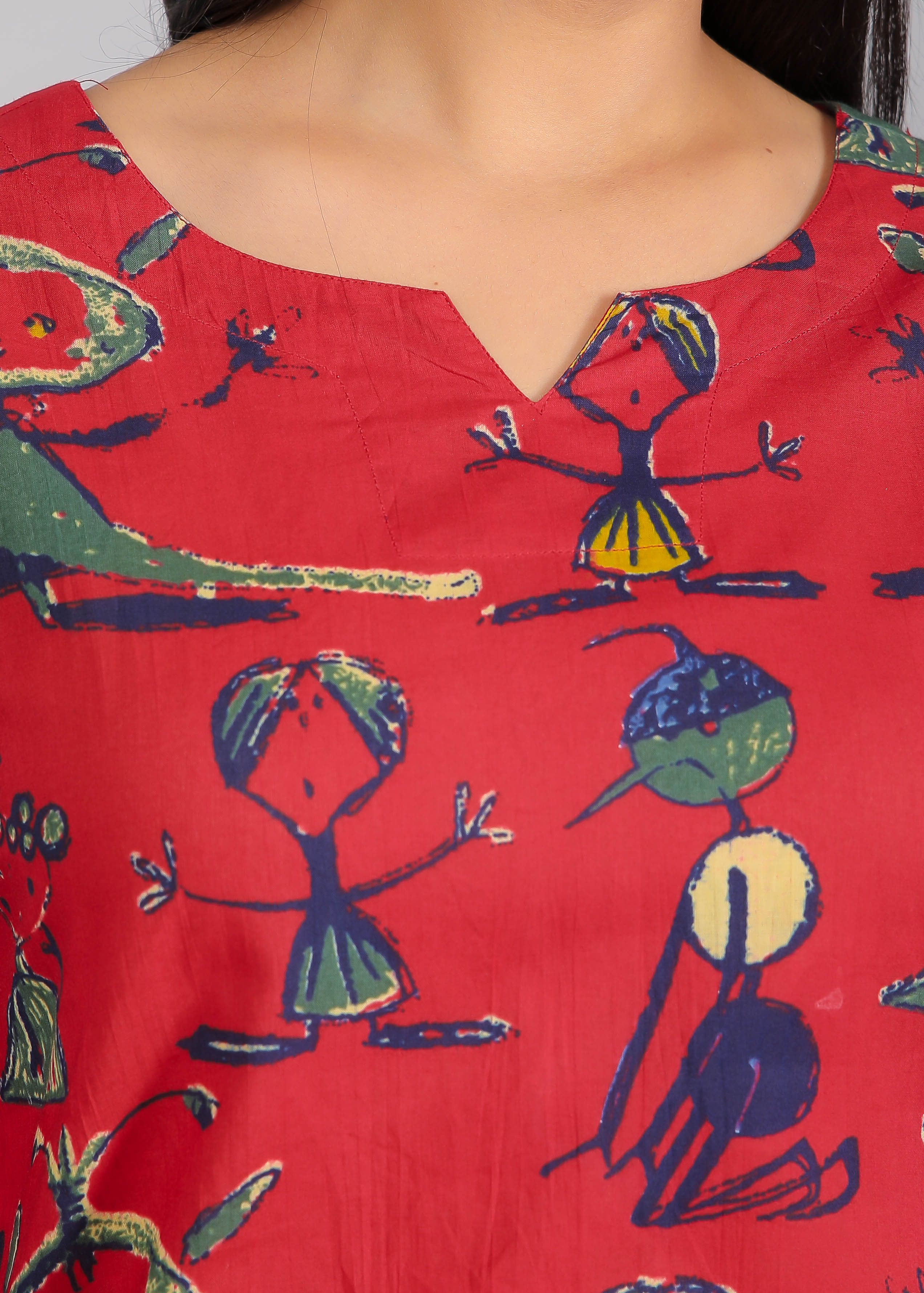 Abstract Figurines Motifs on Red Cotton Lounge Set for Women