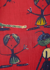Abstract Figurines Motifs on Red Cotton Lounge Set for Women