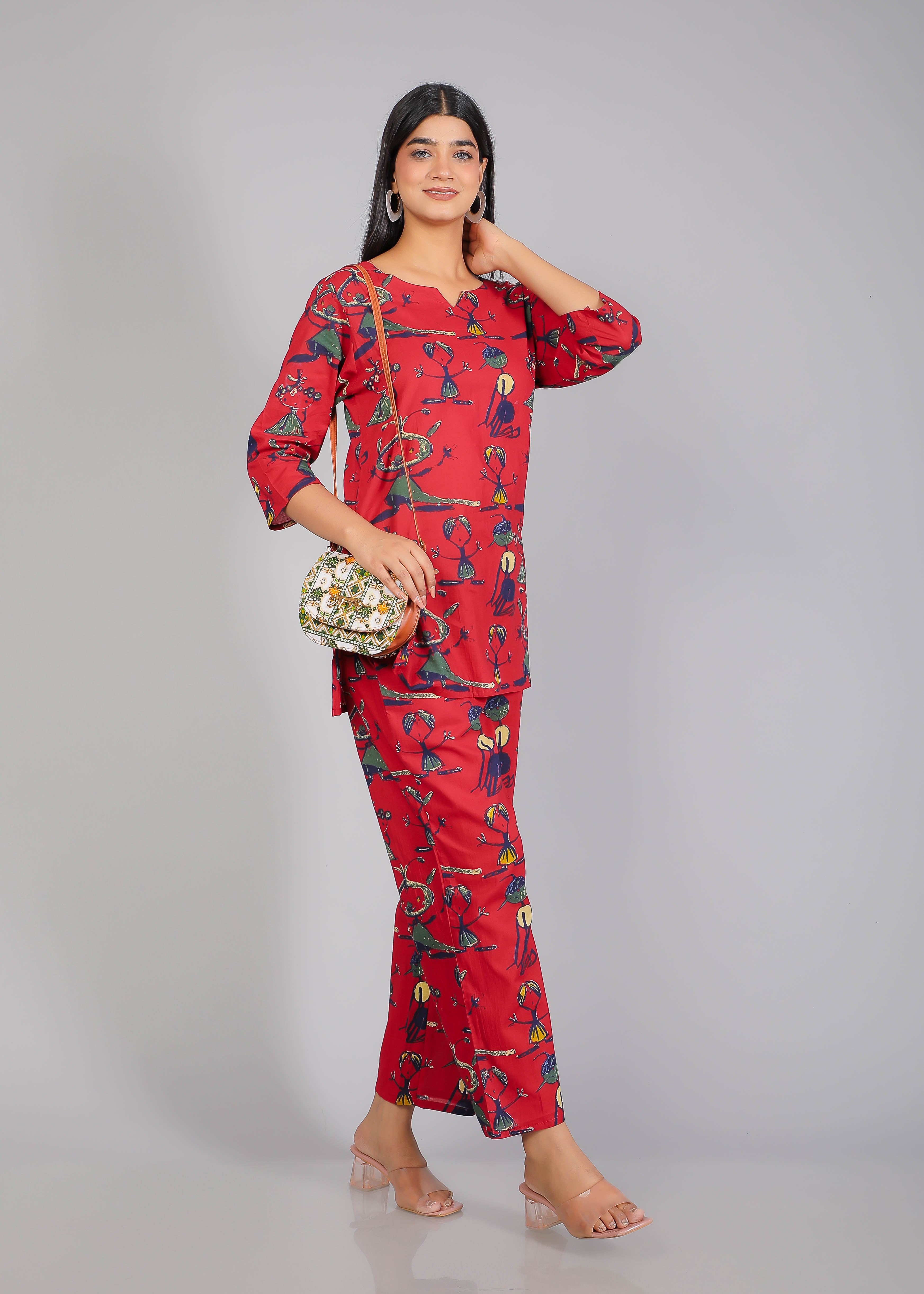 Abstract Figurines Motifs on Red Cotton Lounge Set for Women