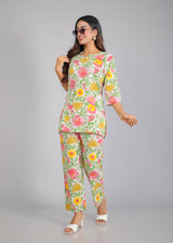 Tropical Floral Motifs on White Cotton Lounge Set for Women