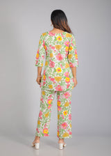 Tropical Floral Motifs on White Cotton Lounge Set for Women