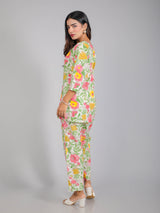 Tropical Floral Motifs on White Cotton Lounge Set for Women