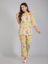Tropical Floral Motifs on White Cotton Lounge Set for Women