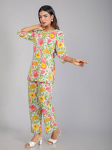 Tropical Floral Motifs on White Cotton Lounge Set for Women
