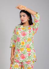 Tropical Floral Motifs on White Cotton Lounge Set for Women