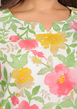 Tropical Floral Motifs on White Cotton Lounge Set for Women