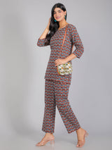 Blue Motifs on Red Cotton Lounge Set for Women