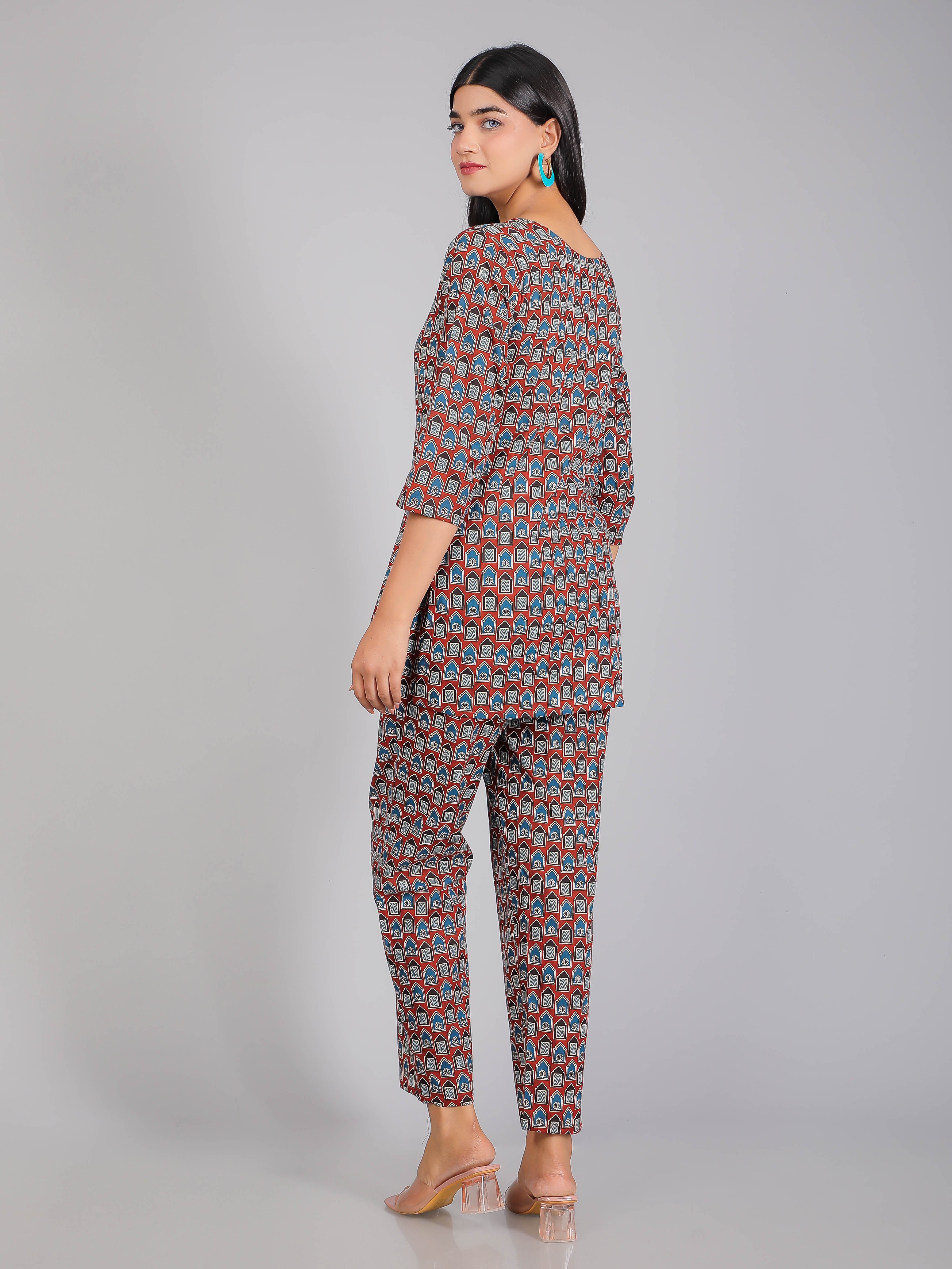 Blue Motifs on Red Cotton Lounge Set for Women