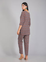 Blue Motifs on Red Cotton Lounge Set for Women