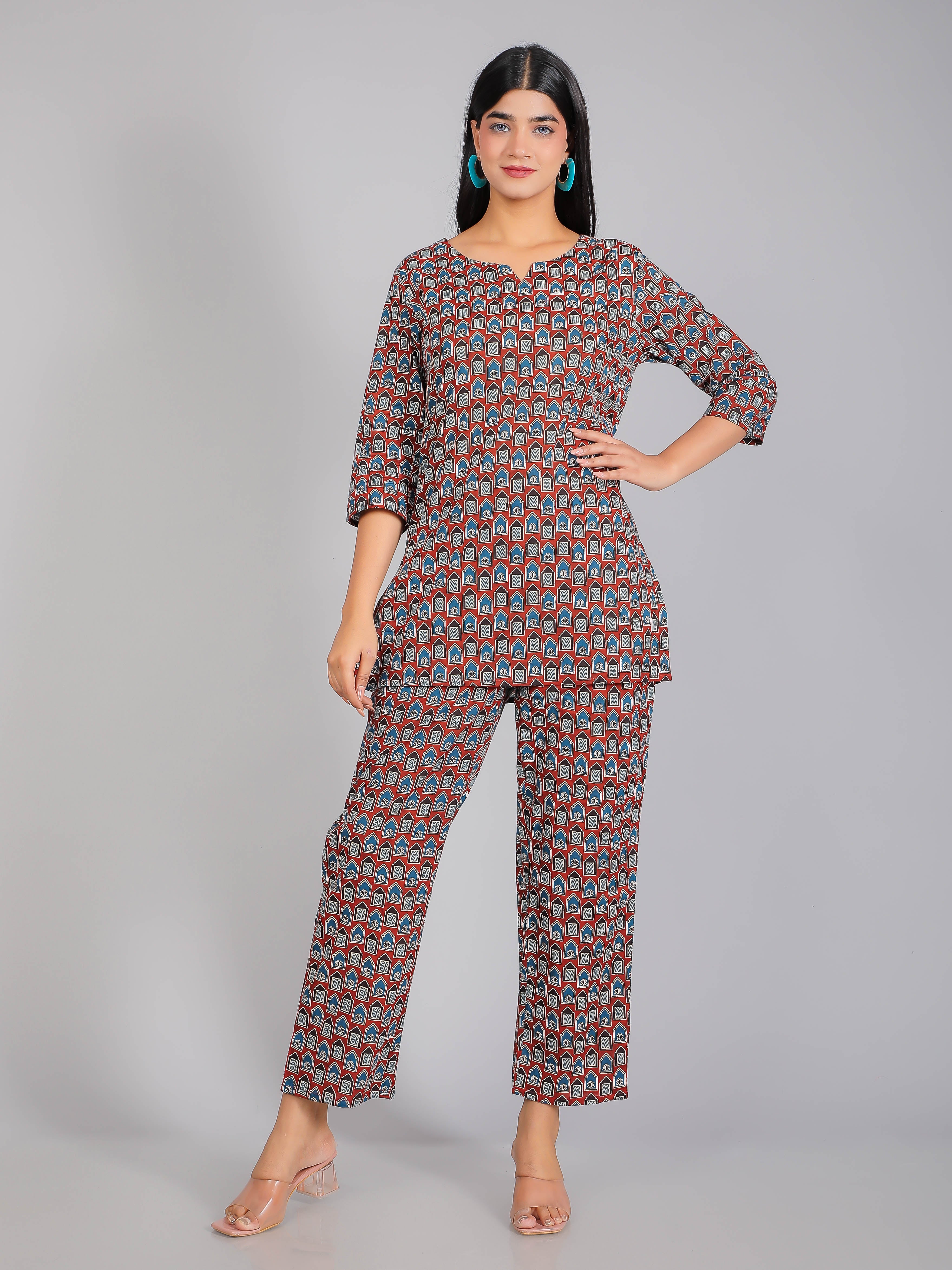 Blue Motifs on Red Cotton Lounge Set for Women