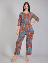 Blue Motifs on Red Cotton Lounge Set for Women
