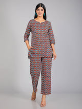 Blue Motifs on Red Cotton Lounge Set for Women