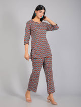 Blue Motifs on Red Cotton Lounge Set for Women