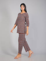 Blue Motifs on Red Cotton Lounge Set for Women