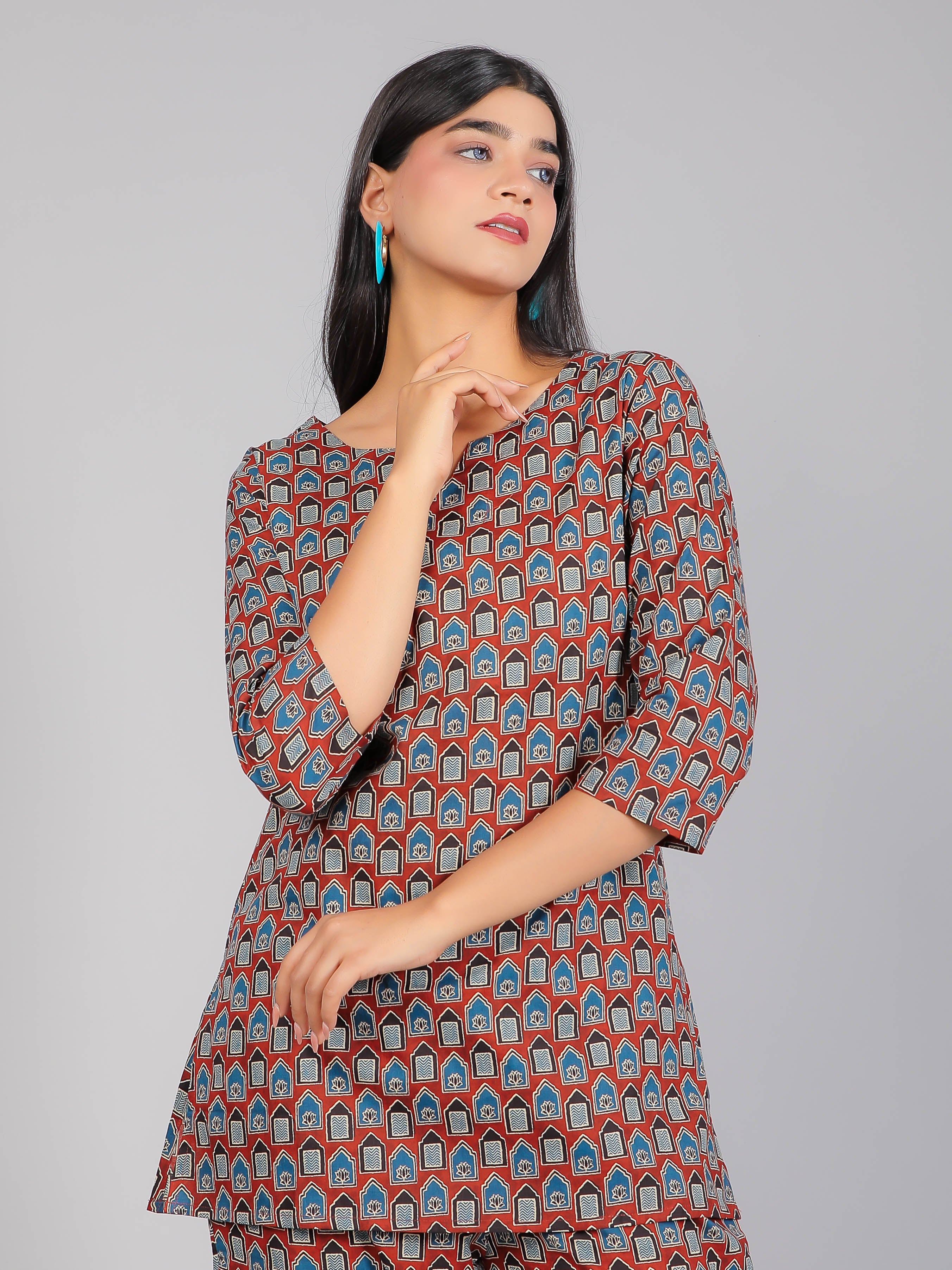 Blue Motifs on Red Cotton Lounge Set for Women