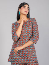 Blue Motifs on Red Cotton Lounge Set for Women