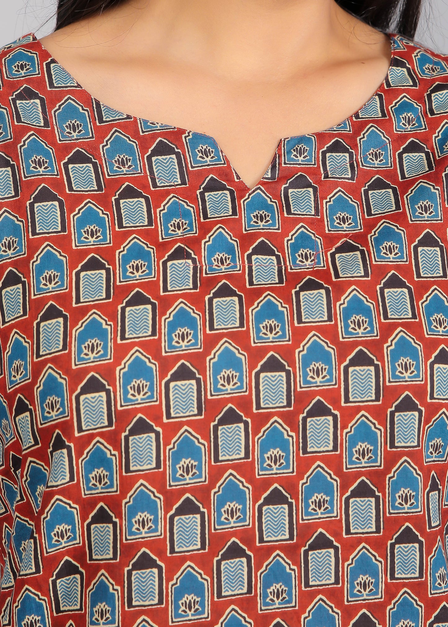 Blue Motifs on Red Cotton Lounge Set for Women