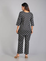 Elephant motifs on Black Cotton Lounge Set for Women