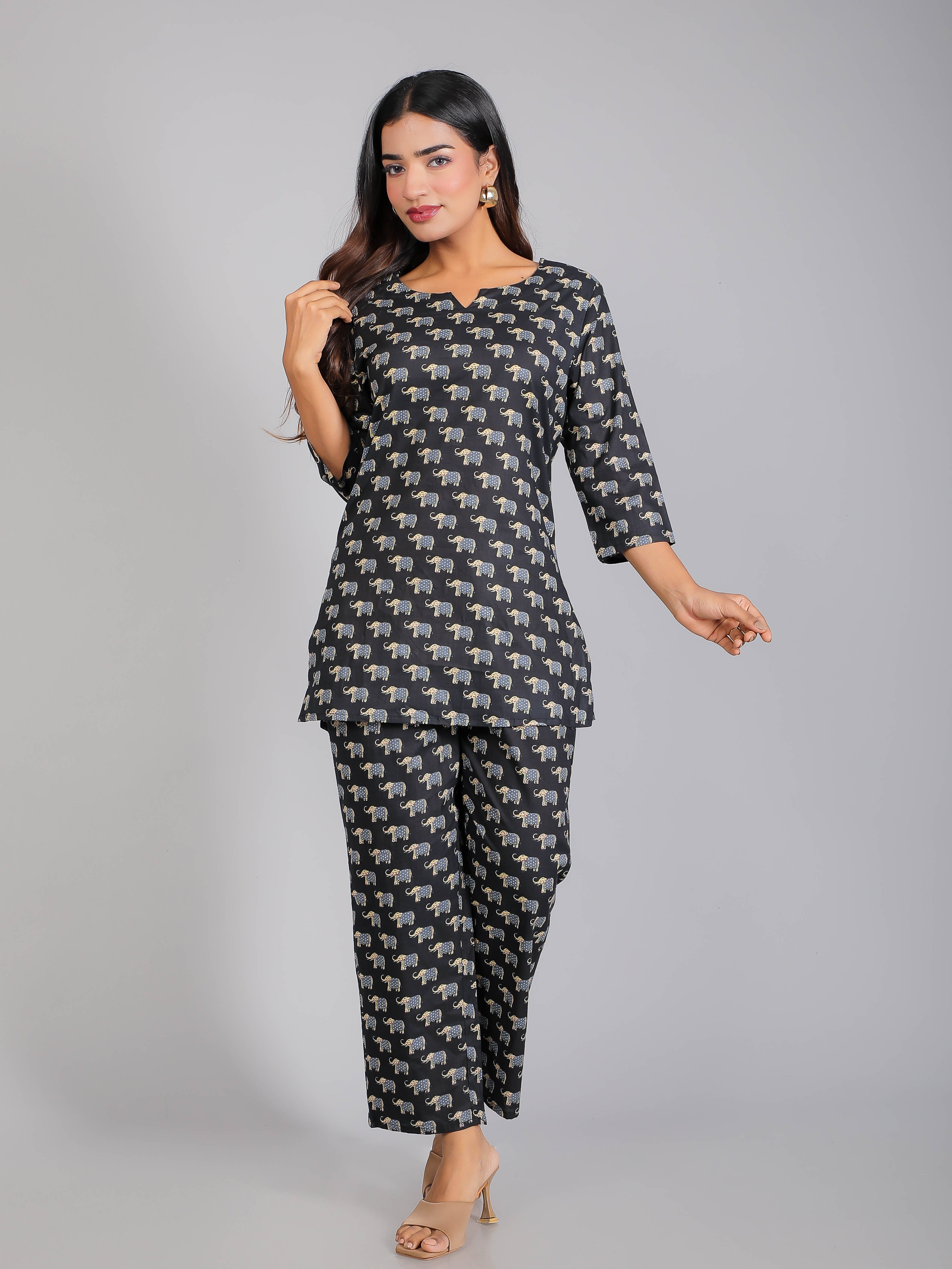 Elephant motifs on Black Cotton Lounge Set for Women