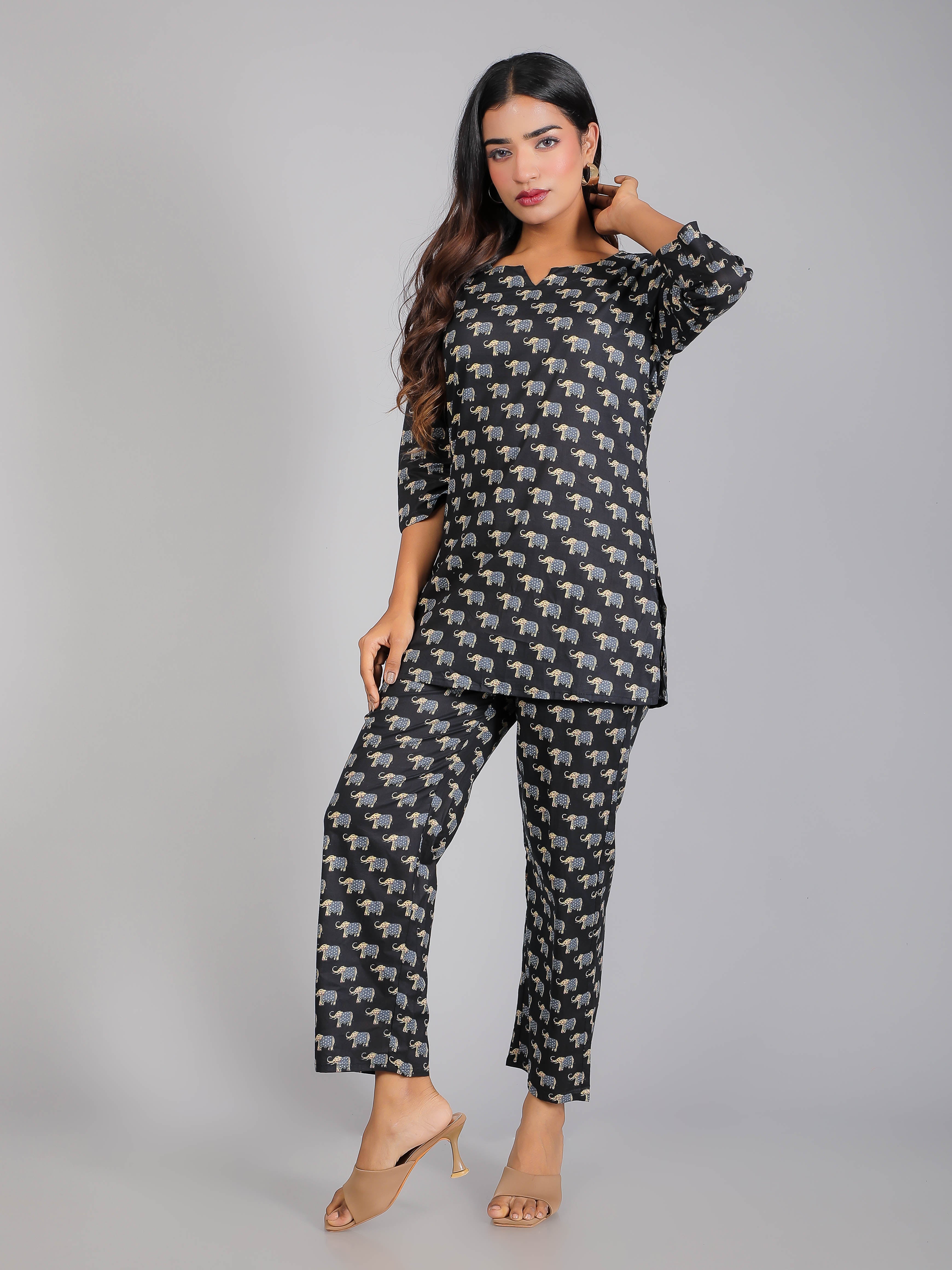 Elephant motifs on Black Cotton Lounge Set for Women