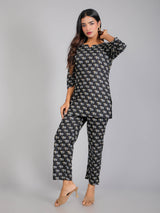 Elephant motifs on Black Cotton Lounge Set for Women