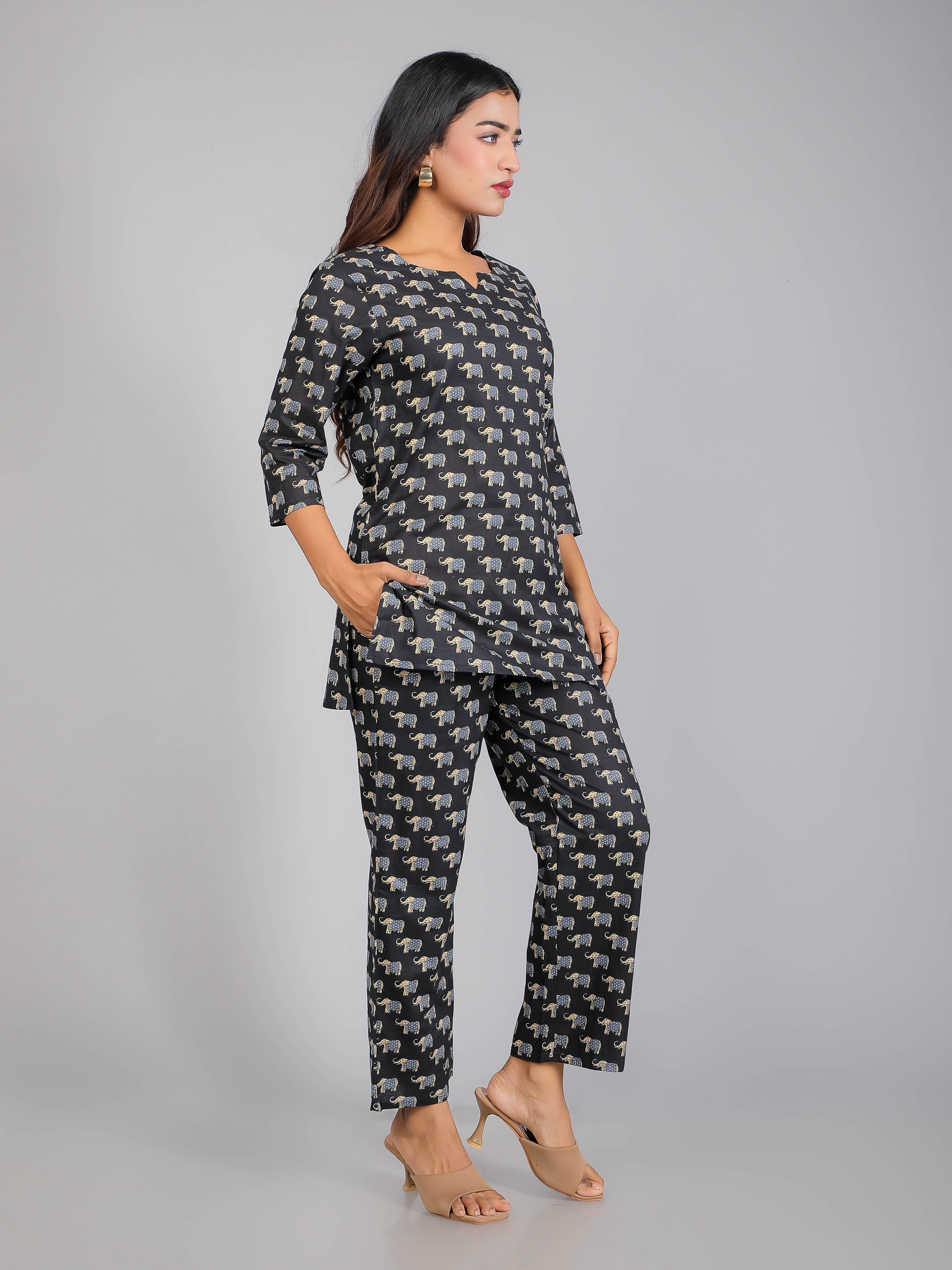 Elephant motifs on Black Cotton Lounge Set for Women