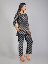 Elephant motifs on Black Cotton Lounge Set for Women