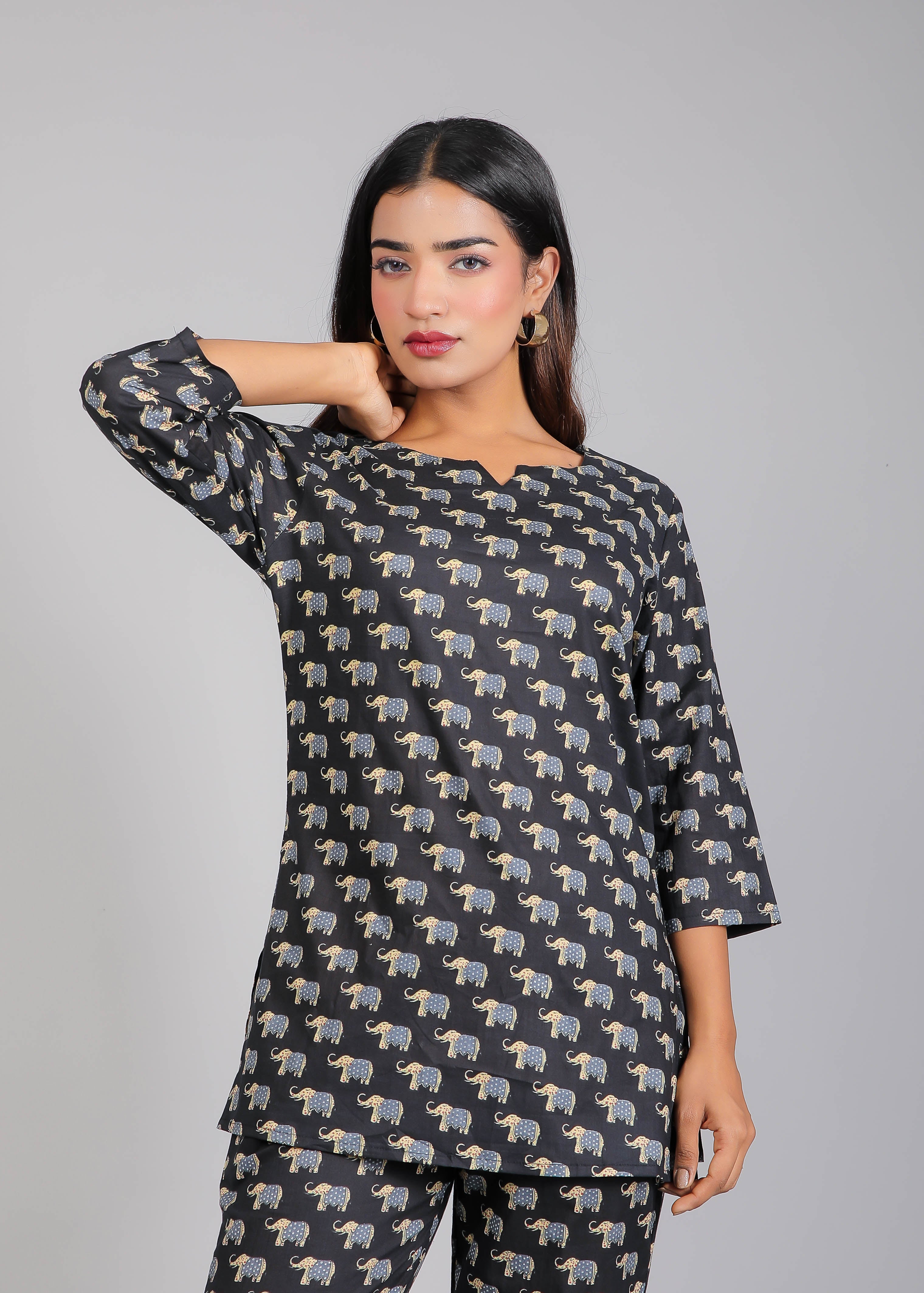 Elephant motifs on Black Cotton Lounge Set for Women
