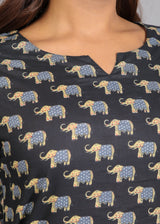 Elephant motifs on Black Cotton Lounge Set for Women