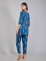 Pine Tree Motifs on Blue Cotton Lounge Set for Women
