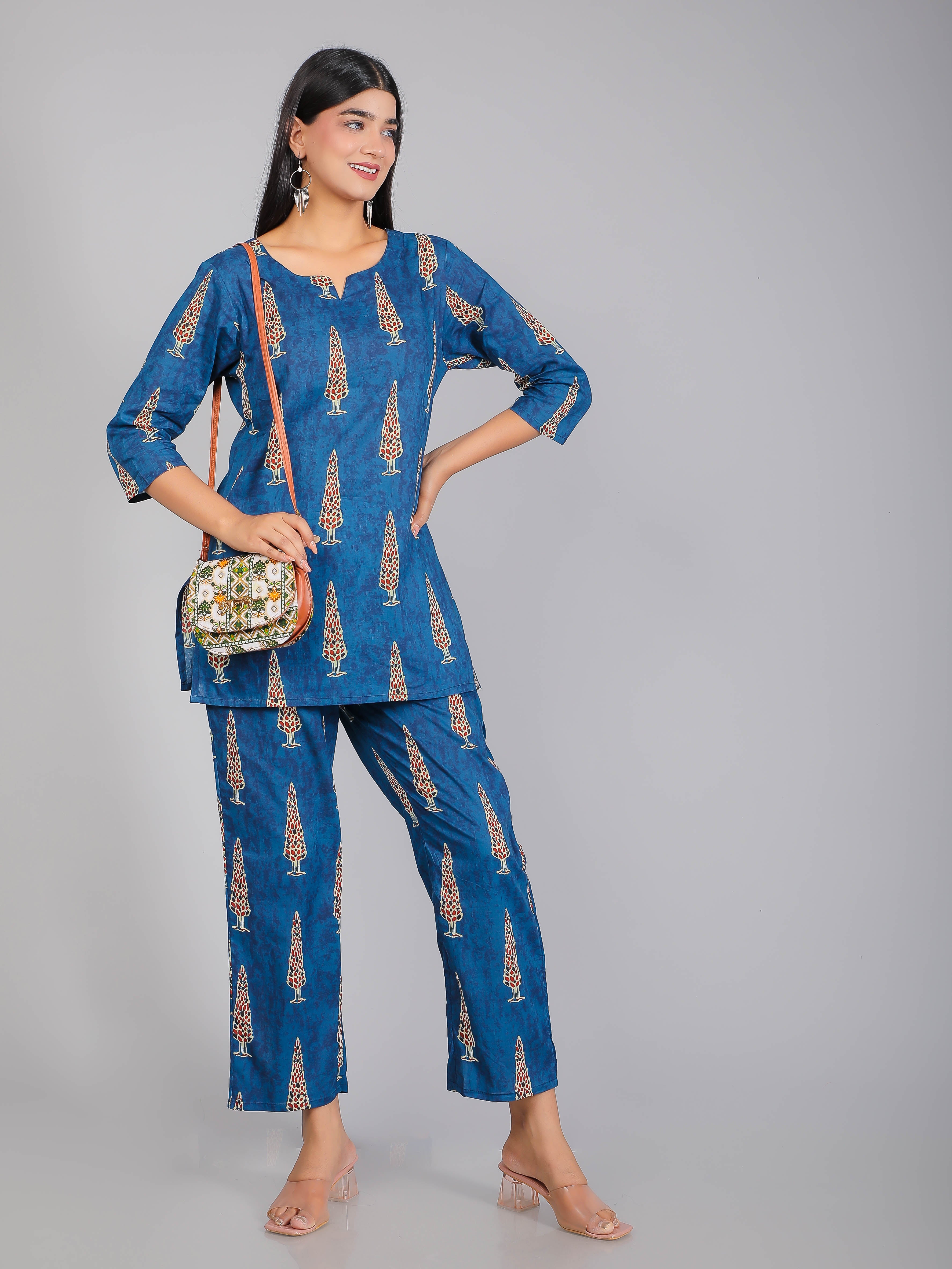Pine Tree Motifs on Blue Cotton Lounge Set for Women