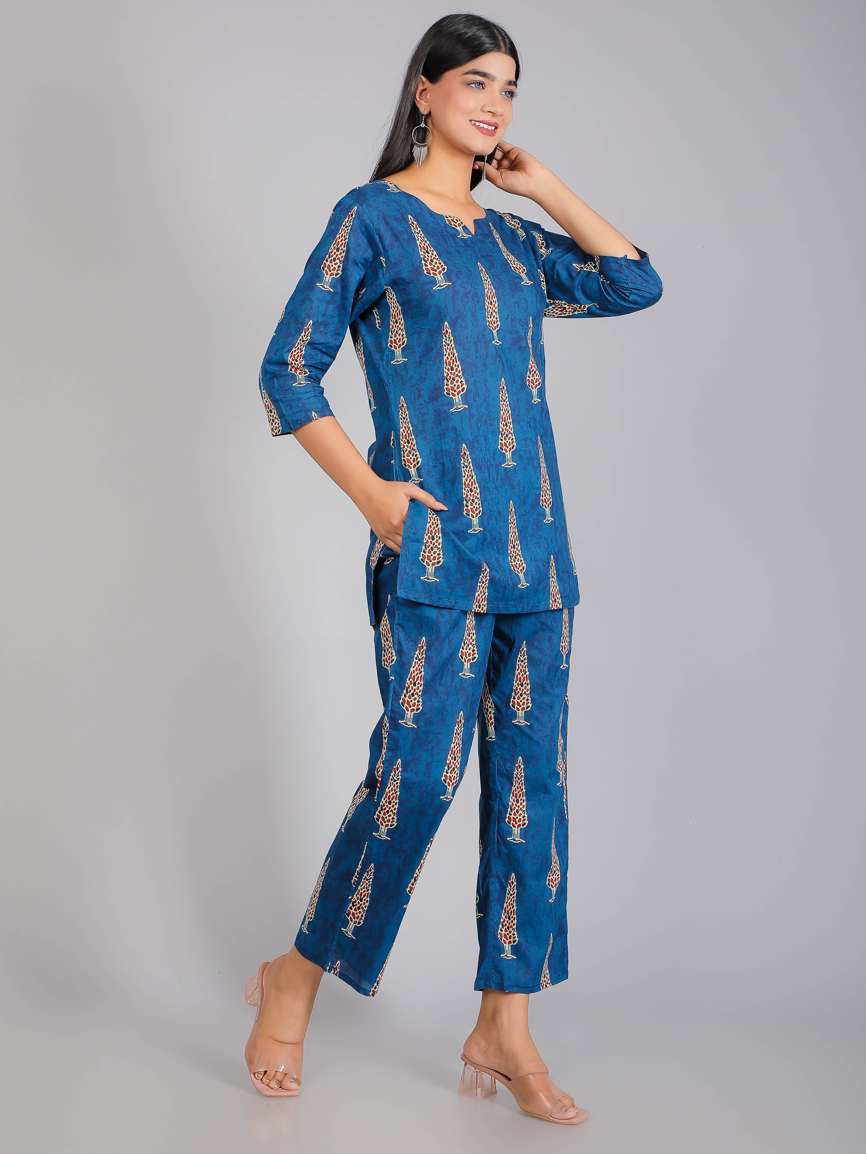 Pine Tree Motifs on Blue Cotton Lounge Set for Women