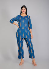 Pine Tree Motifs on Blue Cotton Lounge Set for Women