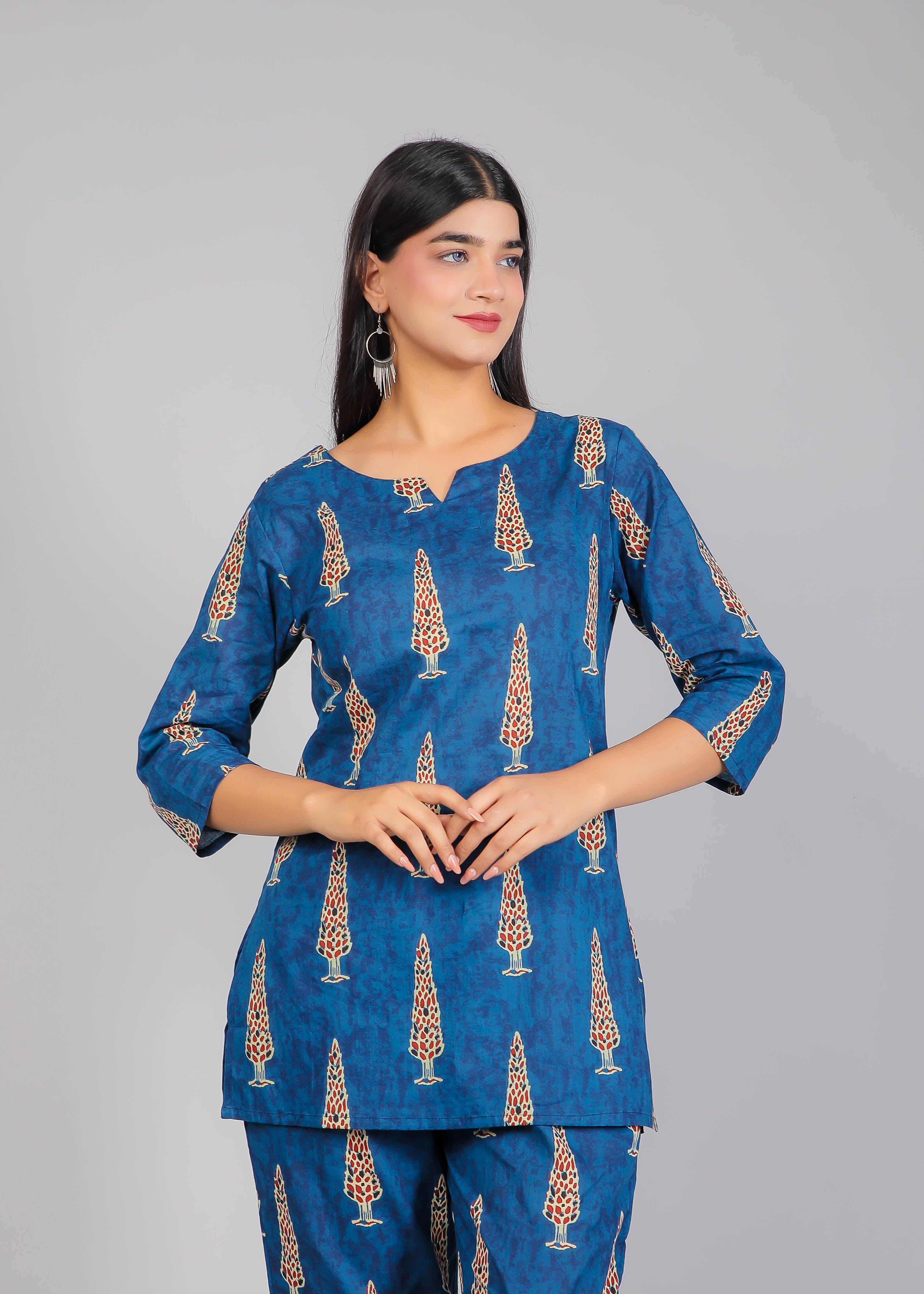 Pine Tree Motifs on Blue Cotton Lounge Set for Women