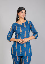 Pine Tree Motifs on Blue Cotton Lounge Set for Women