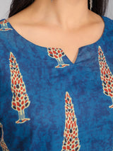 Pine Tree Motifs on Blue Cotton Lounge Set for Women