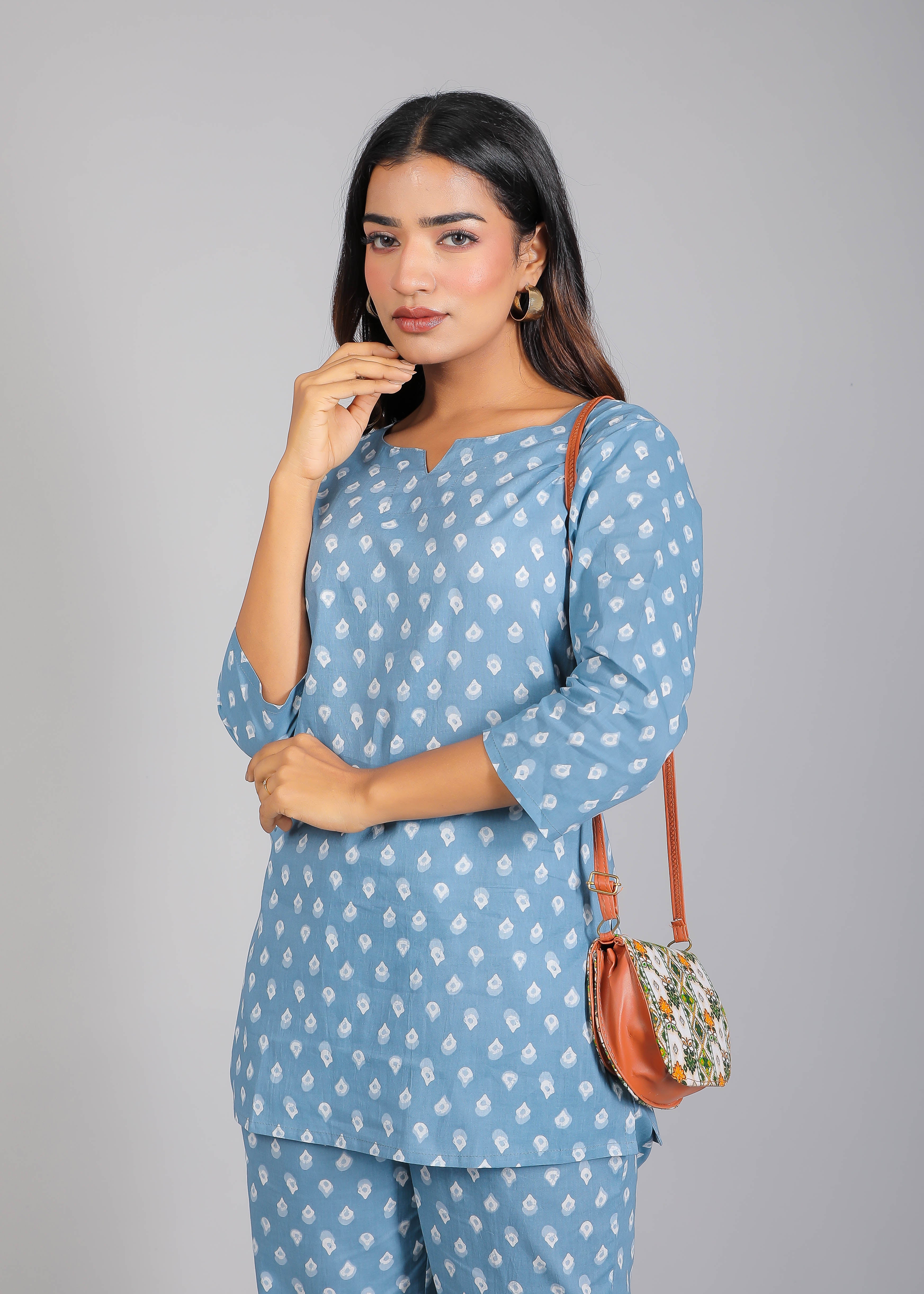 White motifs on Blue Cotton Lounge Set for Women