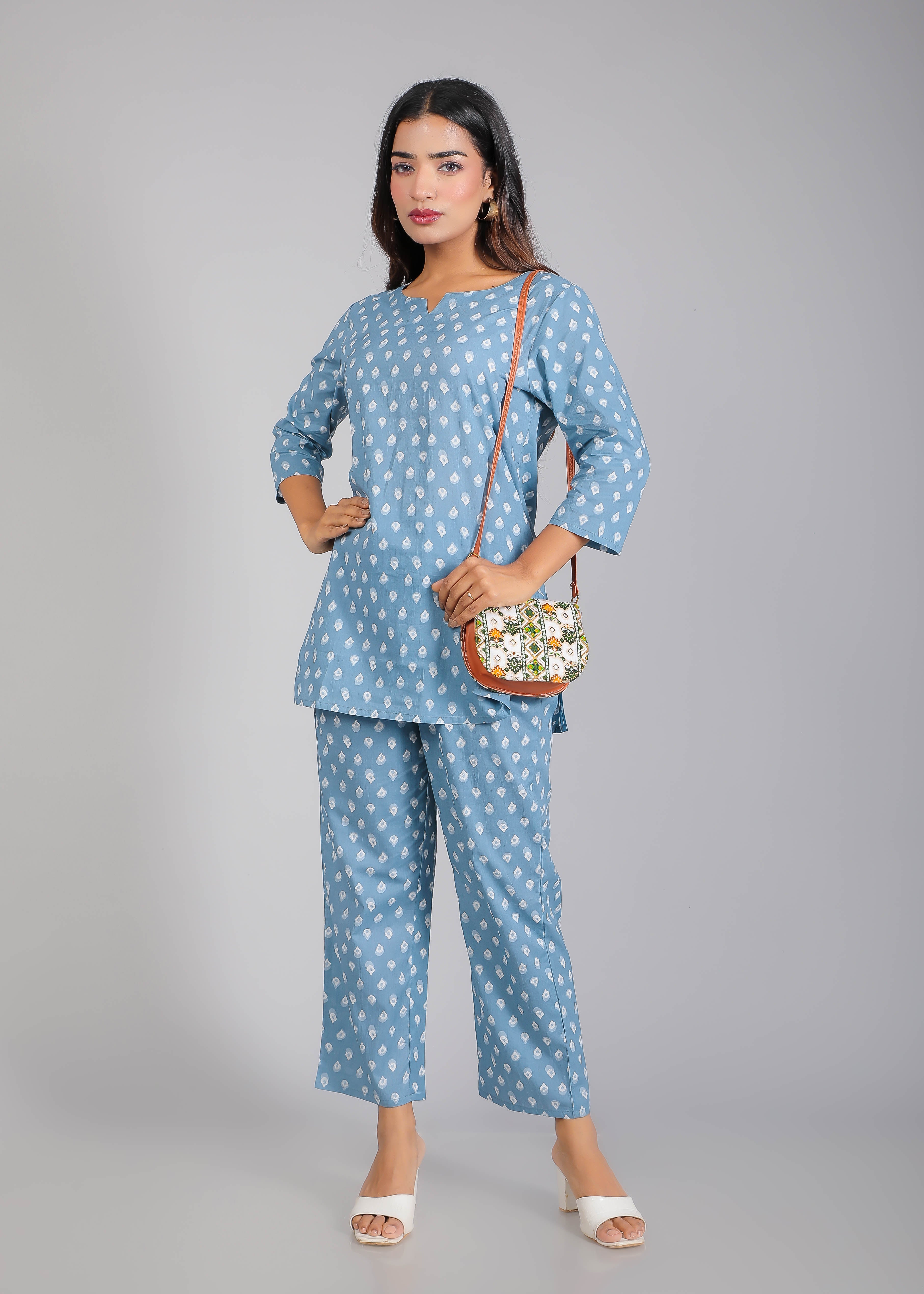 White motifs on Blue Cotton Lounge Set for Women
