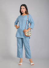 White motifs on Blue Cotton Lounge Set for Women