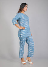 White motifs on Blue Cotton Lounge Set for Women