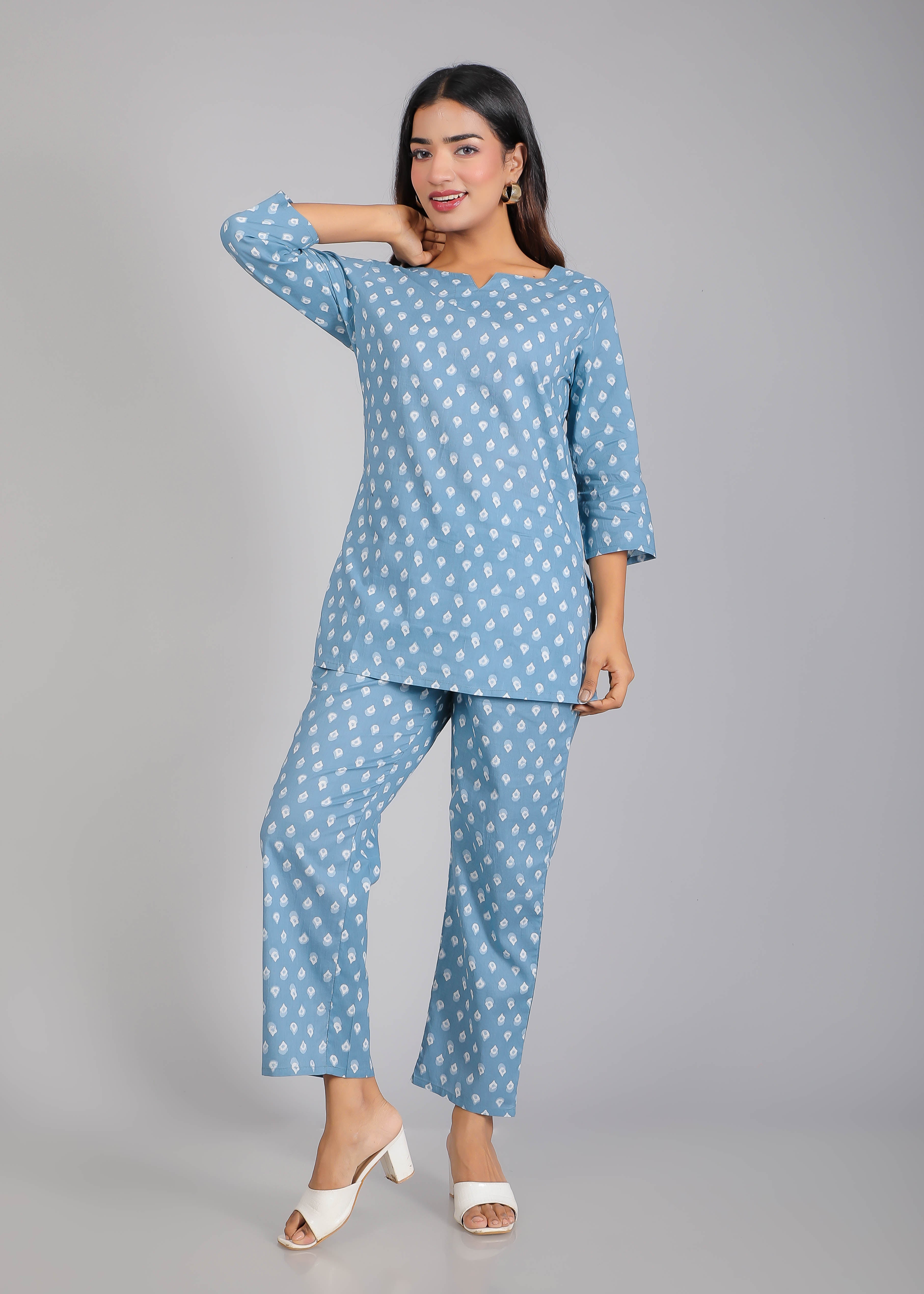 White motifs on Blue Cotton Lounge Set for Women